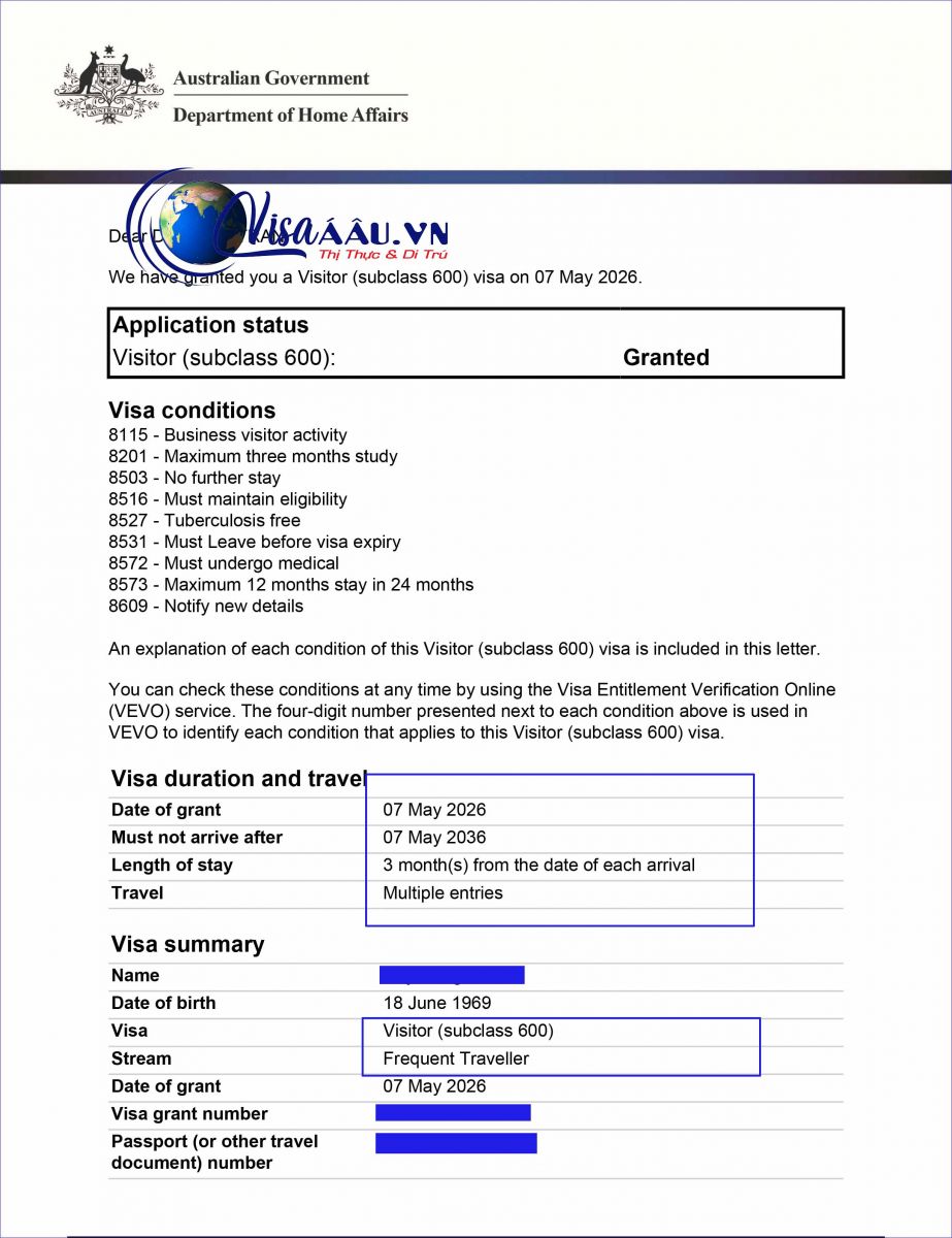 Visa Úc 10 Năm Frequent Traveller